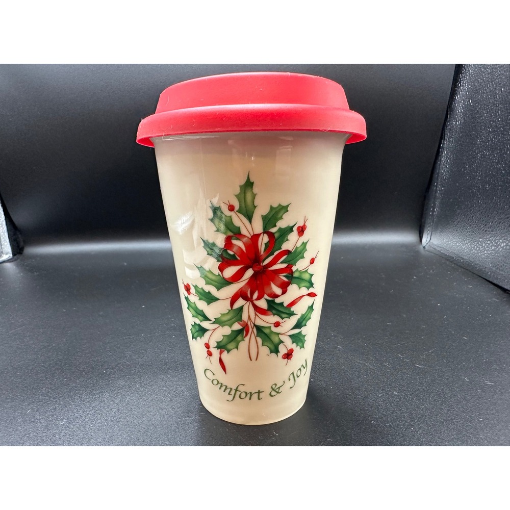 Lenox Comfort & Joy Christmas Ceramic Travel Tumbler Mug Red Silicone Lid 12oz